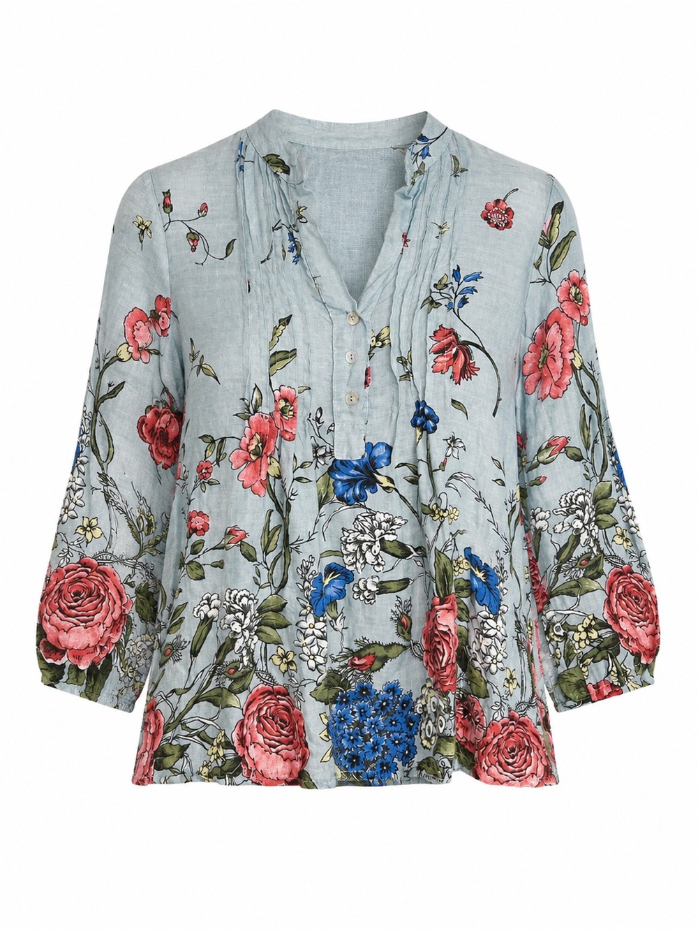 Floral‎ Italian Linen Blouse Tunic Top shirt popover Coastal